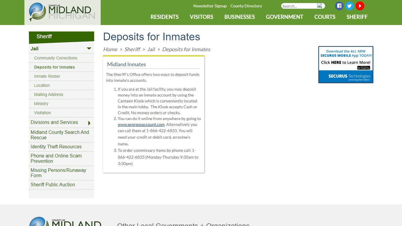 Deposits for Inmates - Midland County, Michigan